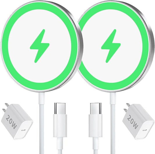 2 Pack Magnetic Wireless Charger Fast Charging Pad with 20W USB C Wall Charger Block, for iPhone 17 16 15 14 13 12 Air Pro Max Plus Mini/AirPods 2 3 Pro, 15W Slim Portable Magnet Quick Charger-Silver
