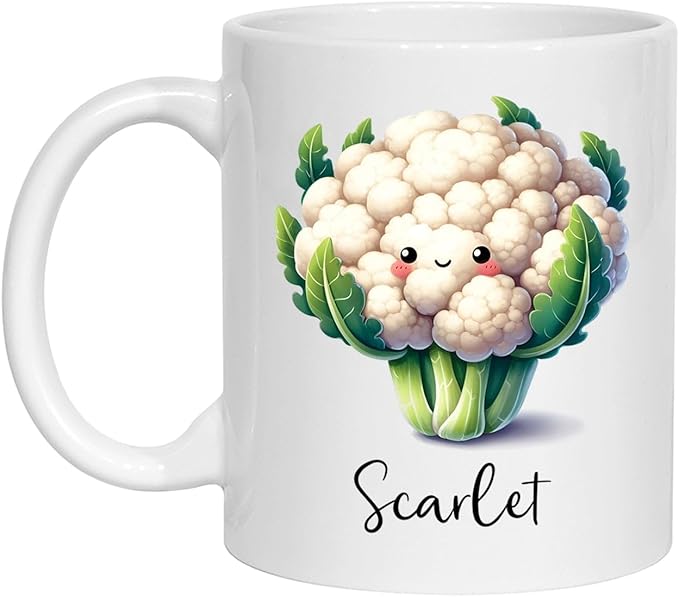 Cauliflower Mug, Personalized Cute Cauliflower Coffee Cup Choose Name, Cauliflower Gift, Custom Vegetable Travel Mugs Gifts For Cauliflower Lovers, Vegan Fans Cups, Cauliflower White Mug 11oz 15oz