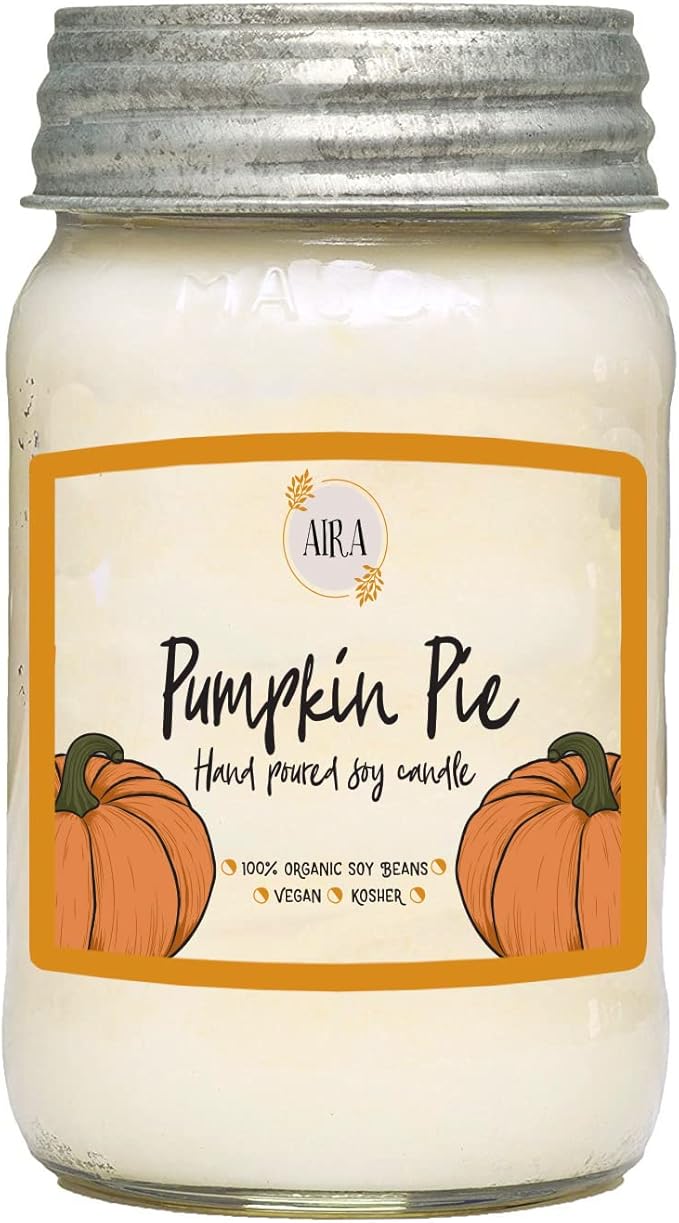 Aira Soy Candles - Organic, Kosher, Vegan, in Mason Jar w/Therapeutic Grade Essential Oil Blends - Hand-Poured 100% Soy Candle - Paraffin Free, Burns 110+ Hours - Fall Candle - Pumpkin Pie -16 Ounces