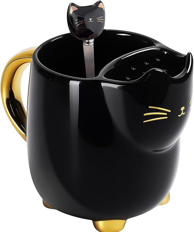Yuwu 17oz Black Cat Mug with Built-in Filter and Spoon – Glossy Ceramic Tea kitty Mug for Cat Lovers – Elegant Gift for Men, Women, Office, Birthday, Halloween, Christmas