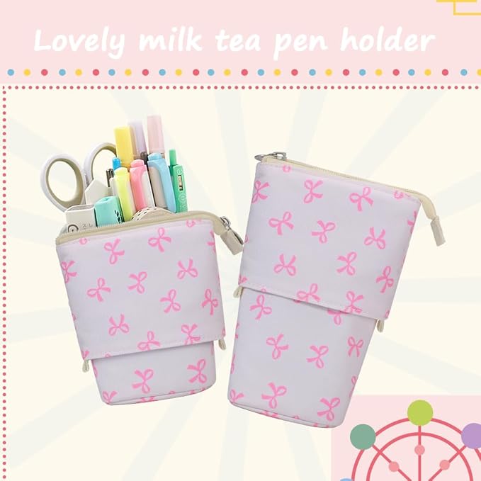 KPX Cute Standing Pencil Case Pen Holder for Kids, Pop Up Stand UP Bubble Tea Pen Organizer Kawaii Stationary for Christmas Holiday New Year Office (Bow)
