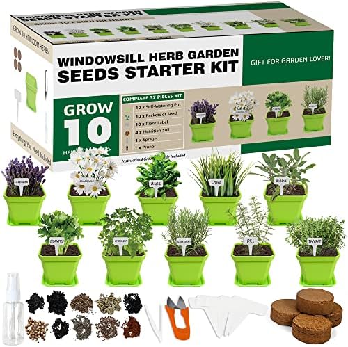 Meekear 10 Herb Seeds Garden Starter Grow Kit with Green Pots, Markers, Soil Discs, Watering, Herb Clipper, Complete Indoor Potted Plant Growing Set for Kitchen DIY by Meekear-BEWITHYOU