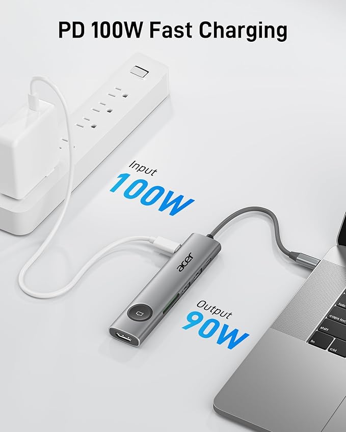 Acer USB C Hub, 7 in 1 USB-C to HDMI Multiport Adapter 4K@60Hz, 100W PD, 2 USB A 3.1 + Type-C 3.1 5Gbps Data, SD Card Reader, USBC Dongle Compatible with Acer/Dell XPS/HP/Mac/Surface etc
