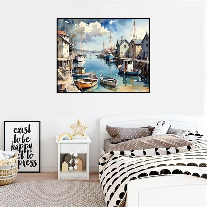 Paint by Numbers Kit for Adults Beginners, Landscape Easy Adult Paint by Number Kits On Canvas, Seaside Town DIY Acrylic Watercolor Oil Paint by Number for Home Decor for Home Wall Decor 16x20Inch
