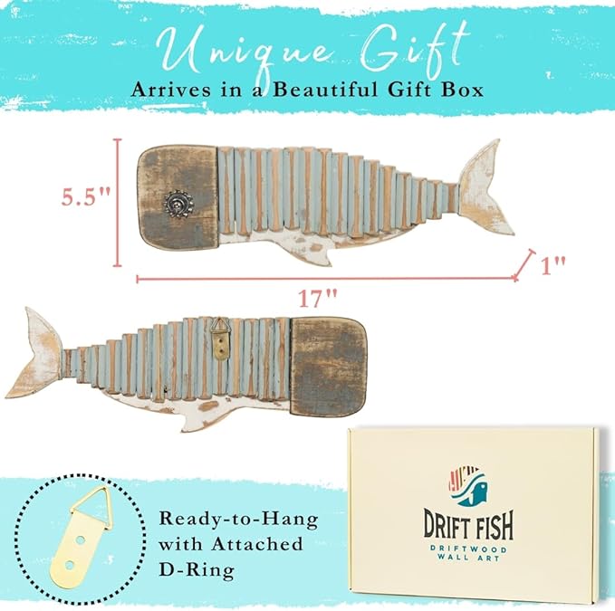 Mint Bucket Brands Driftwood Fish Nautical Wall Decor - 17" x 5.5" Handmade Wooden Rustic Coastal Wall Art for Living Room, Bedroom, Office, Bathroom - Ocean Beach Decoration (Wally)
