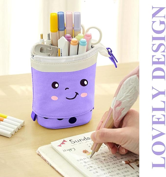 Cute Standing Pencil Case Pen Holder for Kids, Pop Up Stand UP Bubble Tea Pen Organizer Kawaii Stationary for Christmas Holiday New Year Office (Purple)
