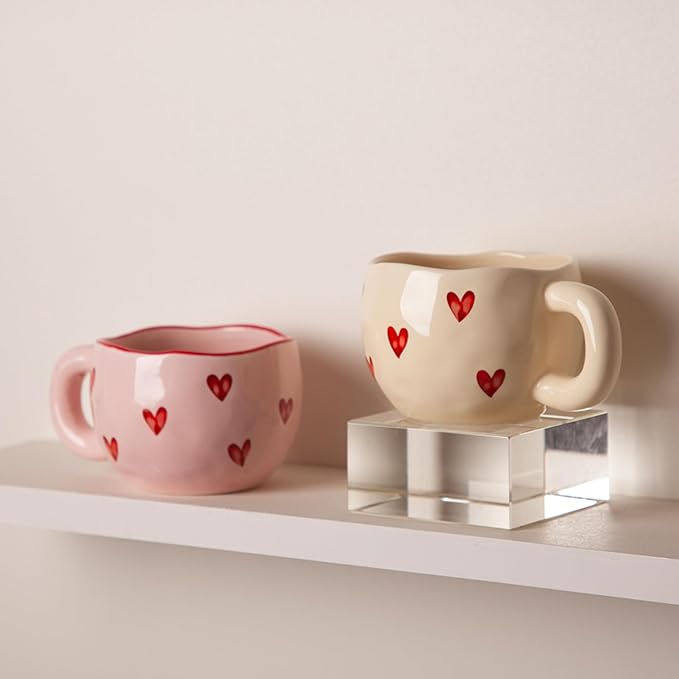 4pcs Cute Ceramic Coffee Mug, 9.4OZ Pink Yellow Porcelain Tea Mugs, Ceramic Hearts Cup Sets for Matcha, Dishwasher & Microwave Safe, Gift for women(Love)