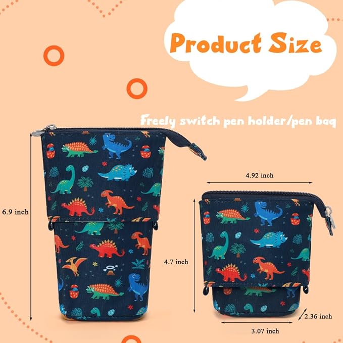 KPX Cute Standing Pencil Case Pen Holder for Kids, Pop Up Stand UP Bubble Tea Pen Organizer Kawaii Stationary for Christmas Holiday New Year Office (Dinosaur)
