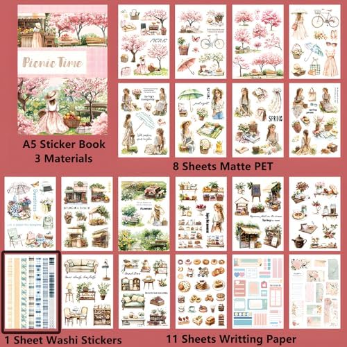 YagCu Scrapbook Sticker Book, Picnic Journaling Stickers, Junk Journal Supplies, Pre-Cut Aesthetic Scrapbooking for Adults, Decorative Ephemera Bullet Planner DIY Arts Craft Collage - Image 5