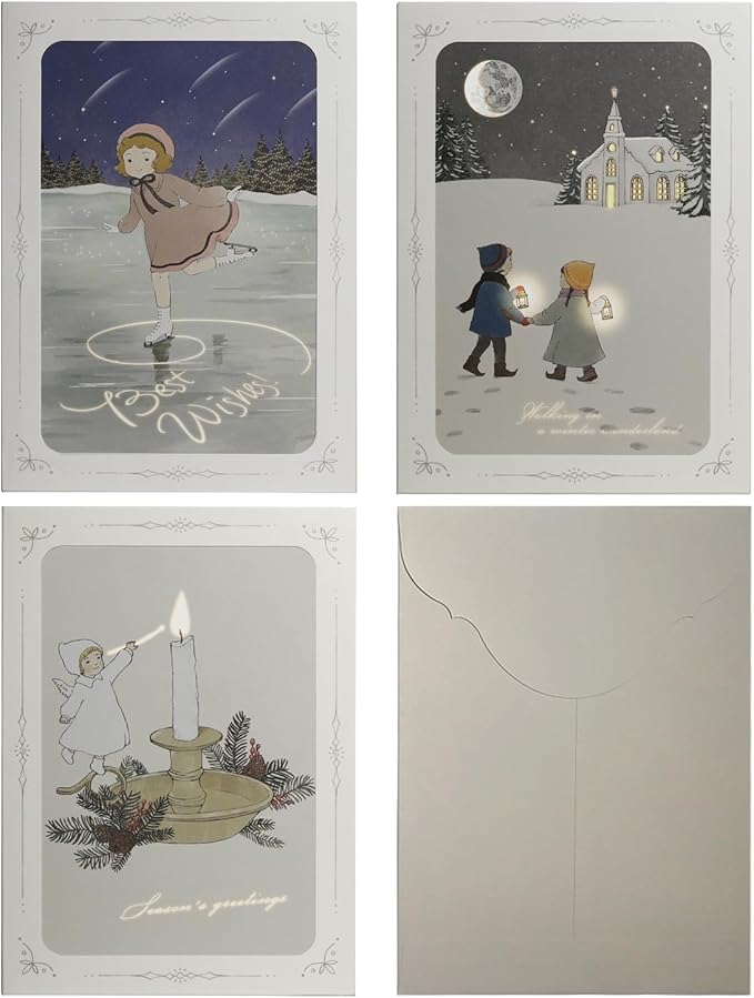 Light-Reveal Winter Greeting Card Set (3 Designs) – “Skating Girl”, “Wonderland”, and “Light” Vintage Holiday Cards with Envelopes, Cozy Christmas & Winter Season Illustrations