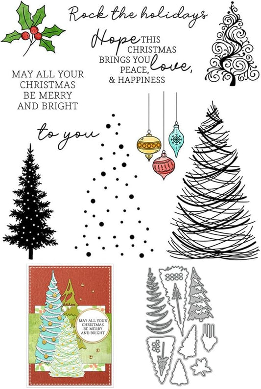 Christmas Tree Snow Stamps and Cutting Dies for Card Making DIY Transparent Silicone Clear Stamp and Metal Die Cuts Sets for Scrapbooking Paper Greeting Cards Decor Seals Craft Supplies