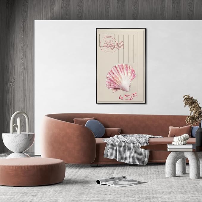 Metal Black Frame Vintage Watercolor Ocean Beach Coastal Pink Seashell Postcard Preppy Canvas Wall Art Cheos By The Sea Print Painting Poster Aesthetics Pictures Boho Decor for Living Room 20x30inch