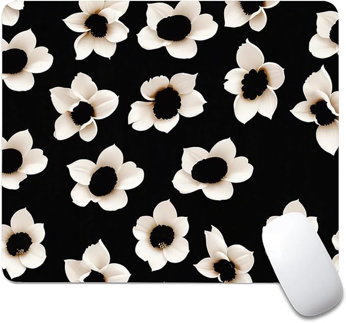 Square Mouse Pad Black White Flowers 1, Personalized Premium-Textured Custom Mouse Mat Design, Washable Mousepad Cloth, Non-Slip Rubber Base Computer Mouse Pads for Wireless Mouse