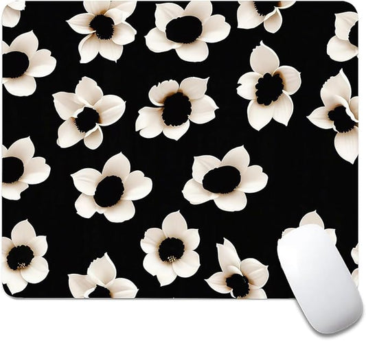 Square Mouse Pad Black White Flowers 1, Personalized Premium-Textured Custom Mouse Mat Design, Washable Mousepad Cloth, Non-Slip Rubber Base Computer Mouse Pads for Wireless Mouse