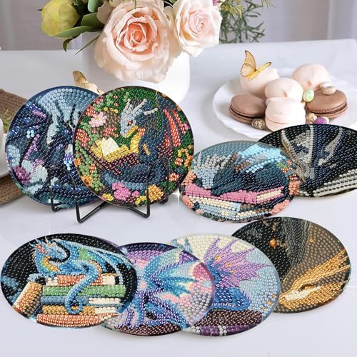 NEGEKFKX 8 Pcs Dragon Book Diamond Art Painting Coasters Kits, Coaster with Holder for Adults, Non-Slip DIY Dot Paint Craft Kits,5D Full Drill DIY Diamond Dot Gem Art Kit Home Decor Arts Craft - Image 3