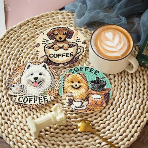 Clendo 8 PCS Coffee Dog Diamond Art Coaster Kits with Holder - Diamond Painting for Adults Beginners - 5D Gem Art Dots Paintings with Cork Pads - Crafts Supplies - Image 3