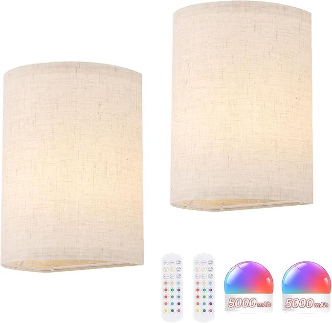 Adhesive Battery Operated Wall Sconce Set of 2, 6000 mAh Battery Rechargeable Bulb with 12 RGB Colors, Stick on Wall Sconce No Drill Wall Lights, Linen