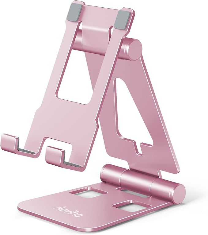 Cell Phone Stand for Desk, Adjustable Desktop Phone Holder Stand, Foldable Moblie Phone Dock for iPhone17 16 15 14 13 12 11 Pro Xs Max Xr X 8 7 6 5 5s SE Nintendo Switch All Phones, Rose Gold