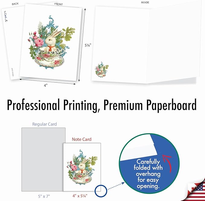 The Best Card Company - 20 Blank Note Cards with Envelopes (4 x 5.12 Inch) - All Occasion Animal Card Assortment (10 Designs, 2 Each) - Victorian Blooms and Bunnies AM3513OCB-B2x10