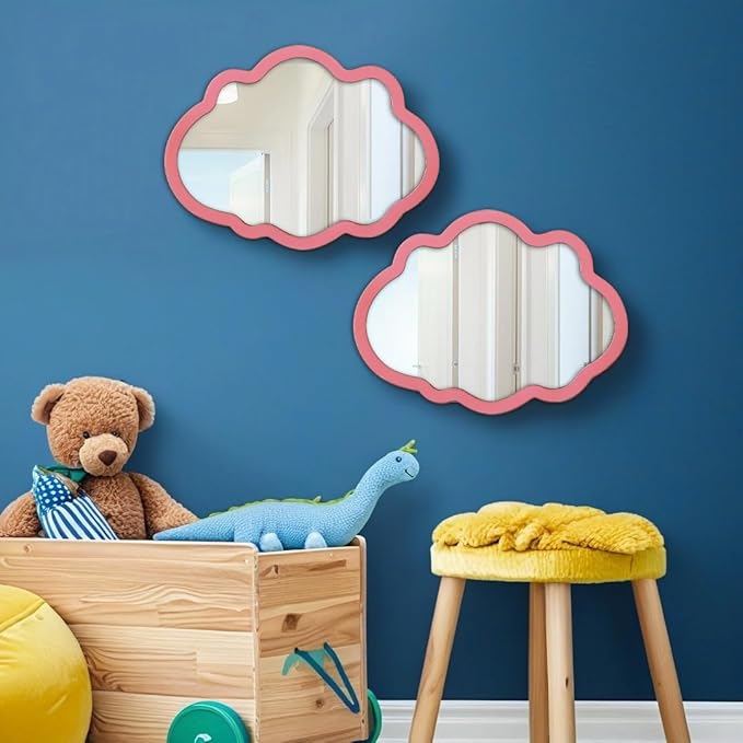 Rustic Pink Cloud Mirror 12 X 16 Inch, Hanging Handmade Distressed Finish Wood Frame Small Nursery Mirrors for Wall Girl, Cute Decorative Mirrors for Wall Decor Living Room Bedroom Entryway