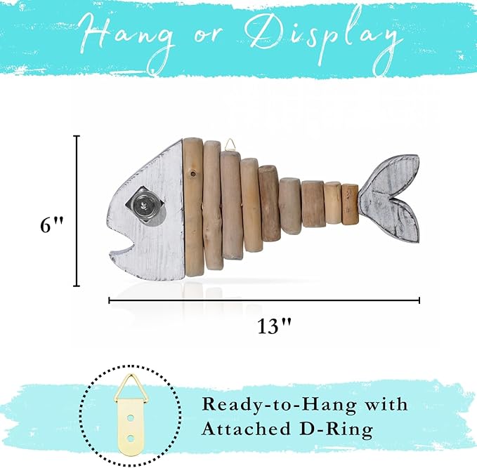 Mint Bucket Brands Driftwood Fish Nautical Wall Decor - 13" x 6" Handmade Wooden Rustic Coastal Wall Art for Living Room, Bedroom, Office, Bathroom - Ocean Beach Decoration