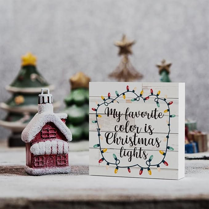 Rustic My Favorite Color is Christmas Lights Wood Box Sign, Farmhouse Christmas Santa Artwork Decor, Wood Square Sign Desk Block Signs Home Shelf Office Decoration 5 x 5 Inches