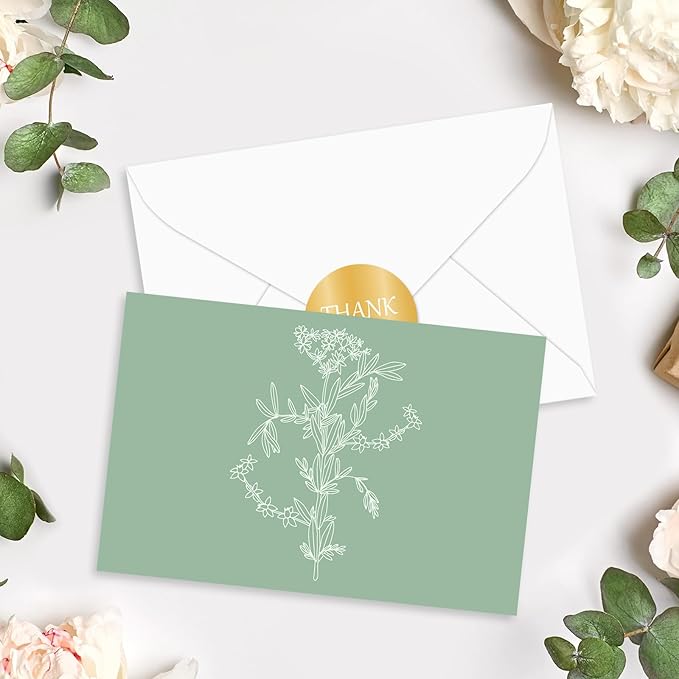 Whaline 40 Pack Green Floral Greeting Cards Gradient Color Botanical Thank You Card Flower Leaves Blank Note Cards with Envelopes Stickers for Wedding Birthday