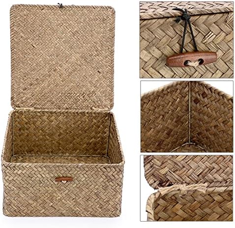 Hipiwe Small Wicker Shelf Baskets Handwoven Seagrass Storage Bin with Lid - Image 3