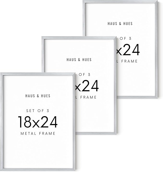 HAUS AND HUES 18x24 Silver Metal Picture Frames - Features Premium Aluminum, Vertical & Horizontal Hang, Shatterproof Plexiglass - Perfect for Home, Room, Office (18x24 in, Silver, Set of 3)