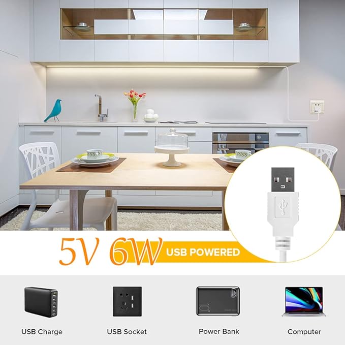 USB LED Light Strip 6.56FT, 5 Volt USB Powered COB LED Tape Lights, 6000K Daylight White 8mm High Density Flexible Strips CRI90+ for TV Backlight Under Cabinet Bedroom, No Controller and Power