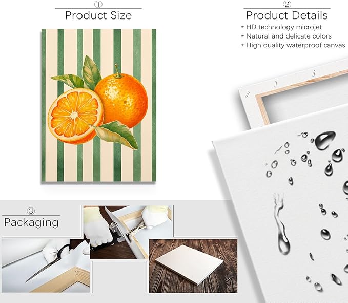 Orange Citrus Watercolor Wall Art – Fresh Fruit Botanical Print – Modern Kitchen Decor with Green Stripes – Summer Fruit Illustration Canvas Poster 12x16inch-Framed