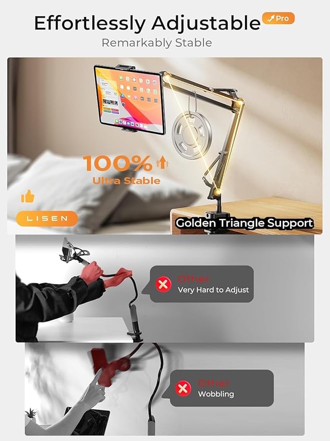 LISEN Tablet Stand iPad Stand for Desk Mount [Ultra Sturdy 2 Clamps] Kindle iPad Holder for Bed Gooseneck Phone Tablet Holder Mount fits iPhone Kindle 4-13" Device
