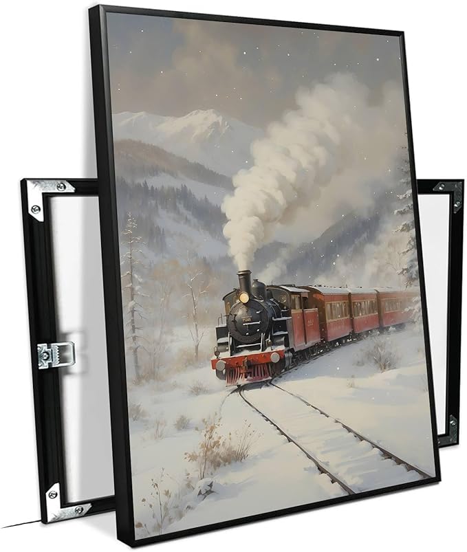 Framed Canvas Wall Art Christmas Print Train Painting Winter Scenery Landscape Snowy Railroad Wall Art Moody Christmas Decor 20x30in Metal blackFramed