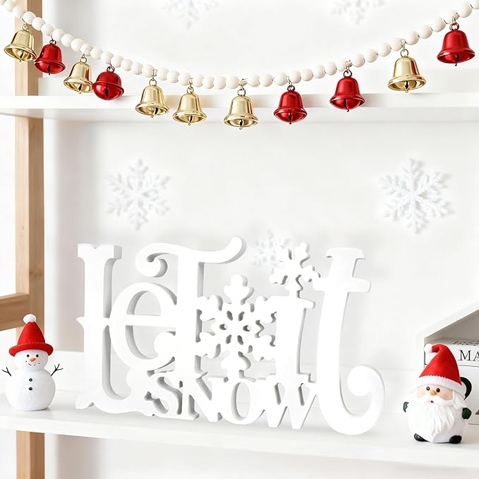 Let It Snow Decorations, Snow Wooden Christmas Table Centerpiece Sign, Tiered Tray Decor for Xmas Winter Holiday Home Decor (White)