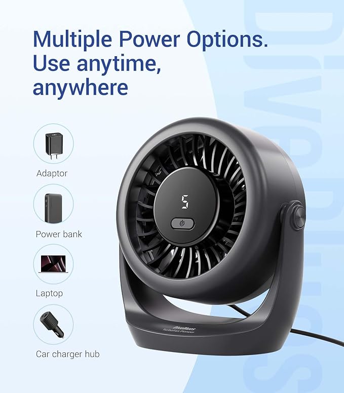 Diveblues USB Desk Turbo Fan, Ultra-Quiet Mini Desk Fan, Powerful Wind, LED Display, 5 Speed, 360° Rotating Small Portable Fan for Home, Office and Outdoor Cool Tech Gadgets - TurboBreeze