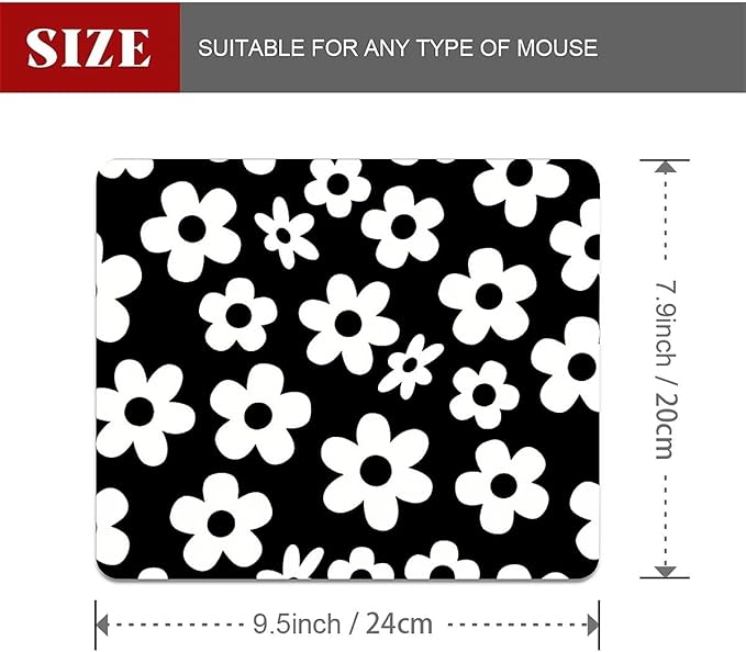 Square Mouse Pad Black White Flowers, Personalized Premium-Textured Custom Mouse Mat Design, Washable Mousepad Cloth, Non-Slip Rubber Base Computer Mouse Pads for Wireless Mouse