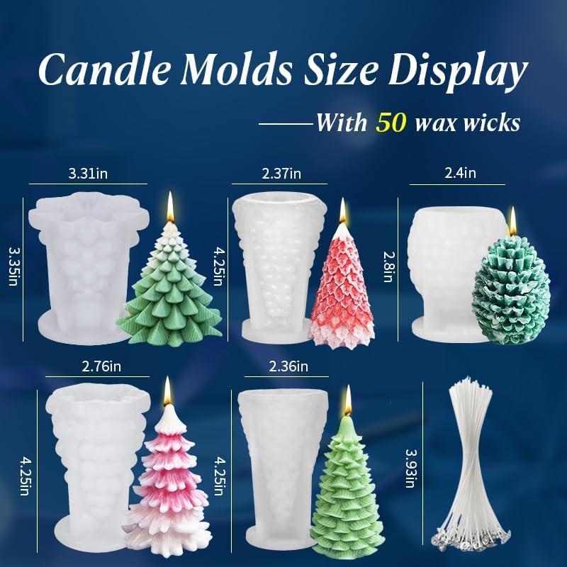 MGLIFEUL 5 PC Christmas Tree Pine Cone Silicone Candle molds with Wax Wick - Image 2