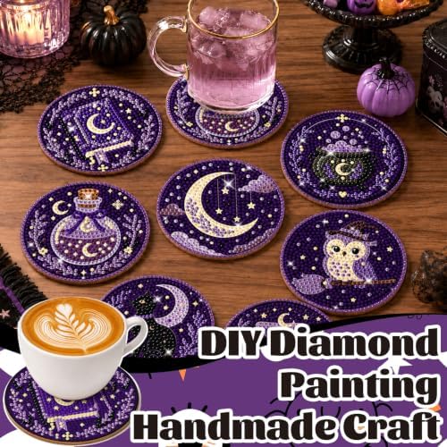 8 Pcs Halloween Diamond Art Coasters Purple Moon DIY Craft Kit with Holder - Image 5