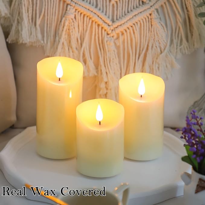 Lezonic Rechargeable Flickering Flameless Candles Battery Operated with Remote and Timer, Pack of 3(D 3'' X H 4''5''6'') Long Lasting Ivory White Real Wax LED USB Pillar Candles