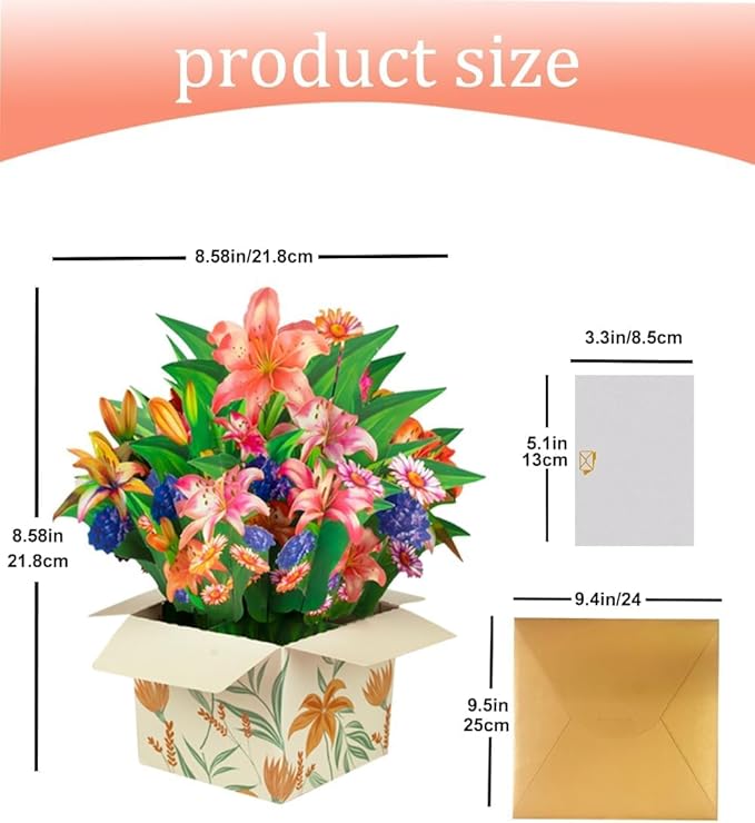 Magic Ants Flower Paper Pop Up Cards - Sunflower+Tulip+Lily- Mother's Day, Birthday, Thank You Greeting Card for Mom - 3D Popup Flower Bouquet Design - Includes Envelop