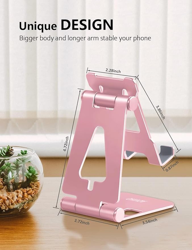 Cell Phone Stand for Desk, Adjustable Desktop Phone Holder Stand, Foldable Moblie Phone Dock for iPhone17 16 15 14 13 12 11 Pro Xs Max Xr X 8 7 6 5 5s SE Nintendo Switch All Phones, Rose Gold