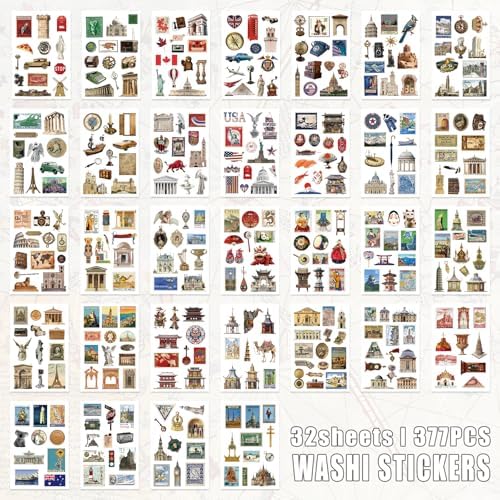 Bomichi Travel Sticker Book, 32 Sheets 377 Pcs Vintage Aesthetics Stickers & 20 Sheets Washi Paper for Journaling Scrapbooking Bullet Journals Planners Letter Card Making - Image 4