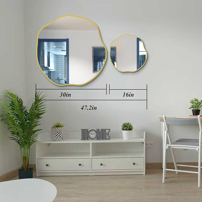 POZINO Irregular Shaped Mirror, 16" Asymmetrical Mirror, Gold Scalloped Rounded Mirrors, Modern Frameless Abstract Mirrors for Living Room Bedroom Bathroom Entryway Fireplace Hallway