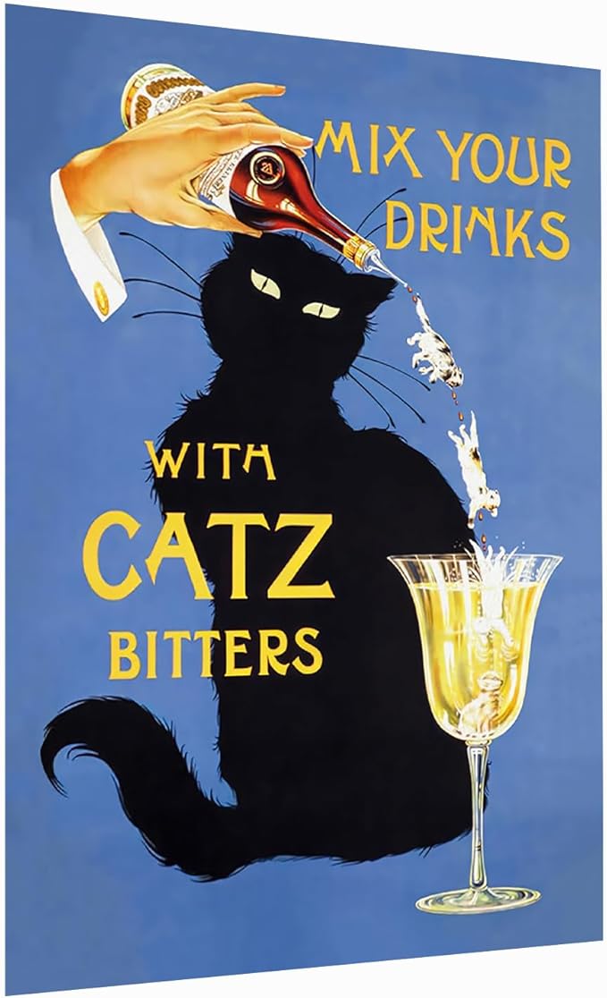 Catz Bitters Print, Vintage Beverage Poster, Bar Cart Wall Art,Black Cat Wall Art, Vintage Cat Alcohol Poster,Alcohol Print Horizontal,Bar Wall Decor,Bar Cart Decor12x16Unframed