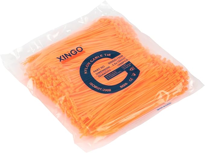 XINGO 1000 PCS 6 inch Cable Zip Ties, 18lb Strength, Small Tie Wraps Self-Locking Nylon Zip Ties for Indoor and Outdoor Use (Orange)