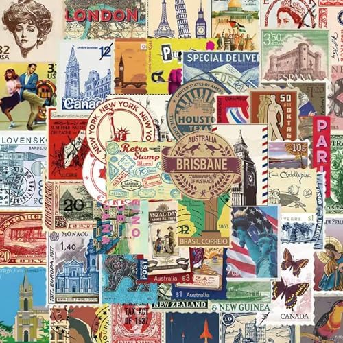 Vintage Travel Postage Stamp Stickers - World Landmarks USA Australia Brazil Waterproof Vinyl Stickers for Journal Planner Laptop Scrapbooking by JUNKJWBZ%7CPeelStickInspir
