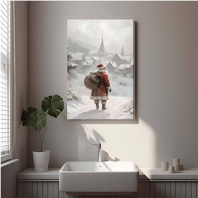 Canvas Wall Art Vintage Santa Claus Wall Art Farmhouse Christmas Print Festive Holiday Home Decor Santa Claus Painting 20x30in-UnFramed