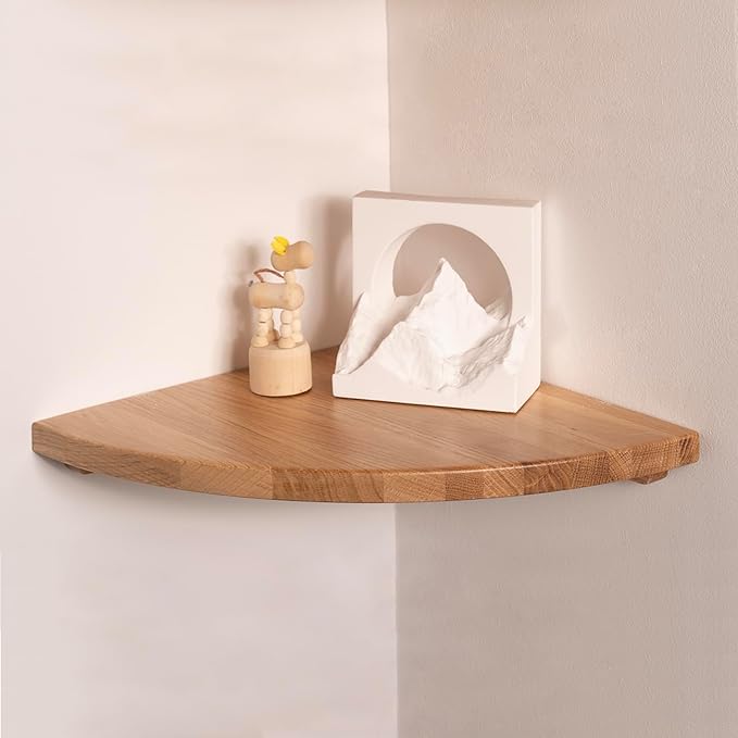 Floating Corner Shelves Oak 12", Solid Oak Wall Mounted Wooden Display Storage Rack with Wire Hole for Plants, Photos, Speakers, Bedroom, Kitchen, Living Room Décor - 1-Pack