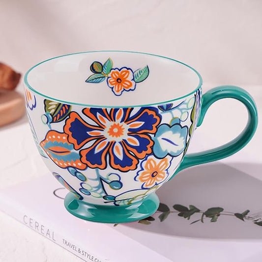 Autumn Handmade Large Ceramic Coffee Mug (20oz) Cute Cereal Vintage Flower Mugs Cozy Fall Gift Cup for Breakfast Oatmeal Tea & Hot Drinks with Floral Design