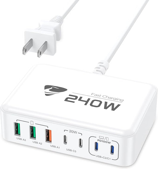 240W USB C Charging Station, 7-Port GaN USB C Charger Block, 100W Laptop USBC Fast Charger Compact 100W Laptop Charger Hub Wall Charger Adapter for MacBook Pro/Air,iPhone 16/15/14/13,Samsung S24
